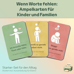 Może przedstawiać: Trzy kolorowe karty z ilustracjami i niemieckim tekstem. Karty są zielone, żółte i czerwone, każda z innym obrazkiem ludzika. Tekst na kartach zawiera zwroty takie jak "Potrzebuję bliskości, pocieszenia lub pomocy." i "Stop!"