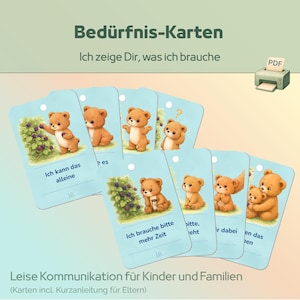 May include: A collection of light blue cards featuring teddy bear illustrations and German text. The cards display different bear poses and phrases such as "Ich kann das alleine" and "Ich brauche bitte mehr Zeit". Designed for children and families.