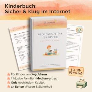 May include: A book titled "Medienkompetenz für Kinder" with a child illustration, accompanied by informational sheets and a "SOFORT-DOWNLOAD" icon. The book's cover features a child using a tablet. The text includes "Sicher & klug im Internet".