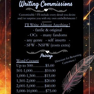 Könnte beinhalten: Schwarzes Schild mit weißer Schrift, das "Writing Commissions" anbietet. Es listet Schreibdienste wie Fanfiction und Originalwerke auf. Die Preise sind nach Wortanzahl gestaffelt, von 5,00 $ bis 130,00 $. Eine Feder-Illustration ist zu sehen.