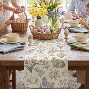 Watercolor Bunny Floral Easter Table Runner | Cottage Spring Botanical Decor
