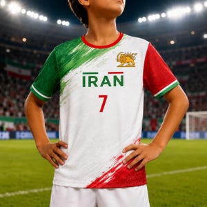 May include: White football shirt with green and red detailing, displaying the word "IRAN" in green and the number "7" in red. The shirt has a red collar and cuffs, and a gold lion emblem. The sleeves are red and green.