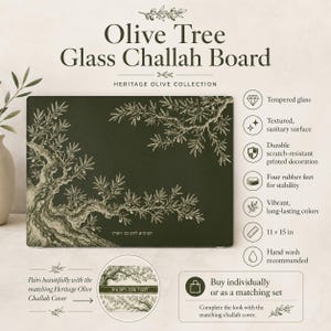 May include: A rectangular tempered glass Challah board featuring a dark green background with a detailed olive tree illustration in gold and white. The board measures 11 by 15 inches and includes four rubber feet for stability and a scratch-resistant surface.