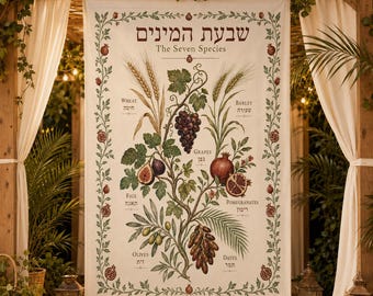 Seven Species Botanical Sukkah Banner, Vintage Judaica Art, Hebrew English Sukkot Decor