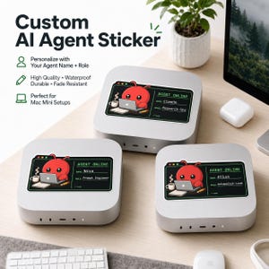 May include: Three white Mac Mini setups with custom AI agent stickers. Each sticker features a red cartoon character working on a laptop, with the agent's name and role displayed. The text "Custom AI Agent Sticker" is at the top.