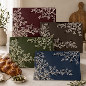 Matching olive tree Toile de Jouy challah cover and tempered glass challah board with Hebrew Shabbat text, available individually or as a set in Bordeaux Burgundy, Espresso Brown, Heritage Olive and French Navy.