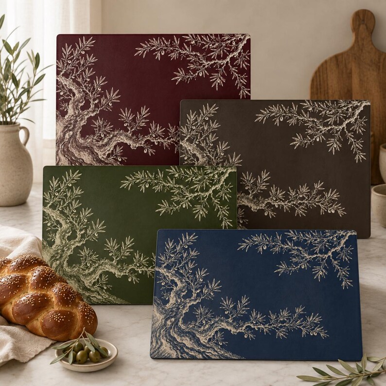 Matching olive tree Toile de Jouy challah cover and tempered glass challah board with Hebrew Shabbat text, available individually or as a set in Bordeaux Burgundy, Espresso Brown, Heritage Olive and French Navy.