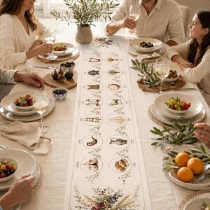 May include: A long, rectangular cream-colored table runner featuring a central vertical design of two rows of circular illustrations depicting various symbols, plants, and objects, accented with delicate floral vines and Hebrew text.