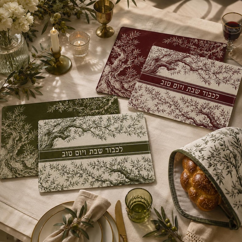 May include: Rectangular placemats featuring an olive tree branch illustration in deep red and dark green. Each mat includes a central horizontal band with the Hebrew text "לכבוד שבת ויום טוב" printed in white. The set includes a matching fabric bread cover.