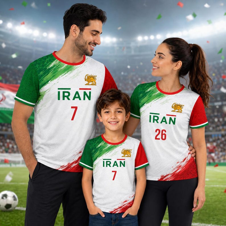 Matching Iran soccer jerseys for men's and women's with custom name and number, Persian football fan family outfit