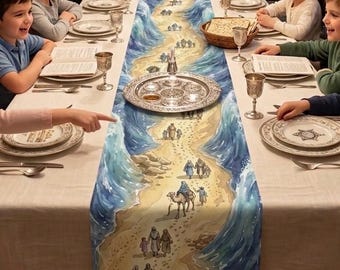 Passover Seder Table Runner | Watercolor Crossing Sea Pesach Decor