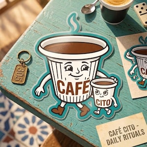 以下が含まれることがあります： 「CAFE」の文字が書かれた、漫画のコーヒーカップのキャラクターが、小さな「CITO」と書かれたカップを持っている、気まぐれなステッカー。ステッカーはティール色の輪郭で、ターコイズ色の木製の表面に配置されています。キーホルダーと小さなコーヒーカップも表示されています。
