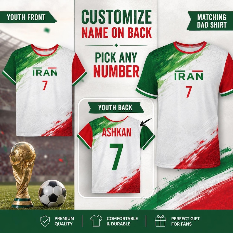 Anpassad iransk fotbollströja, personlig iransk tröja, persisk iransk flaggtröja, VM 2026 fotbollströja, vuxen och barn bild 5