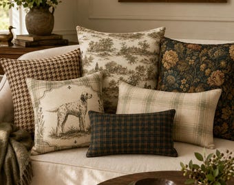 English Country Pillow Collection, Hunting Dog Pillow, Horse Toile Pillow, Plaid & Houndstooth Throw Pillow, Equestrian Fall Decor