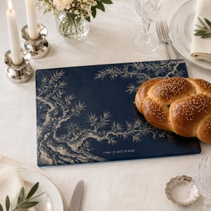 Matching olive tree Toile de Jouy challah cover and tempered glass challah board with Hebrew Shabbat text, available individually or as a set in Bordeaux Burgundy, Espresso Brown, Heritage Olive and French Navy.