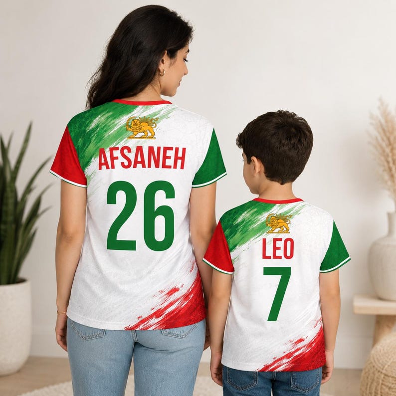 Personalized Persian soccer jersey with red green and white design, custom Iran football shirt for family matching outfits