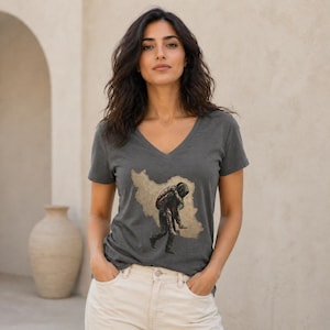 May include: Dark gray V-neck t-shirt featuring a graphic of a person carrying another person, set against a map outline. The graphic is in shades of brown and black. The shirt is made of a soft material.
