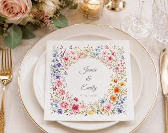 Personalisierte Hochzeit-Servietten | Wildblumen Regenbogen Botanische | Schwul Lesben Hochzeitsgeschenk | Benutzerdefinierte Namen & Datum | 50er Packung
