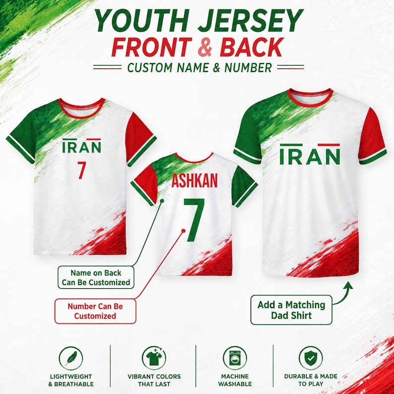 Anpassad iransk fotbollströja, personlig iransk tröja, persisk iransk flaggtröja, VM 2026 fotbollströja, vuxen och barn bild 7