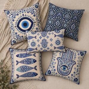 Evil Eye Hamsa Pillow Cover, Moroccan Decor, Indigo Blue Throw Pillow, Judaica Gift, Coastal Lumbar & Square Pillow