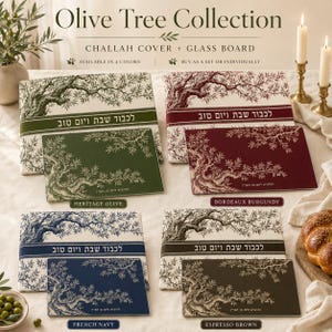 May include: The Olive Tree Collection features four sets of rectangular challah covers and glass boards in heritage olive, bordeaux burgundy, french navy, and espresso brown. Each item displays an olive tree illustration and Hebrew text.