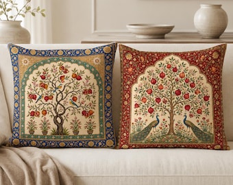 Persian Pomegranate Pillow Cover, Tree of Life Persian Rug Pillow, Peacock Bird Art, Tapestry Style 18x18 Throw Pillow