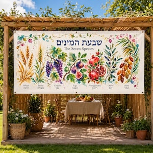 May include: A rectangular banner featuring watercolor illustrations of the Seven Species: wheat, barley, grapes, figs, pomegranates, olives, and dates. The text reads "The Seven Species" in English and Hebrew, with labels for each plant in both languages.
