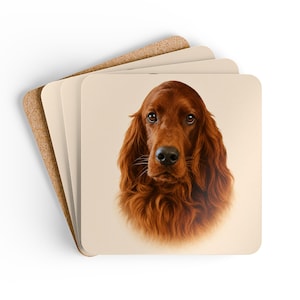 May include: Set of four square coasters featuring a detailed portrait of an Irish Setter dog. The dog has rich, auburn fur and a focused gaze. The coasters have a light beige background and a cork backing.