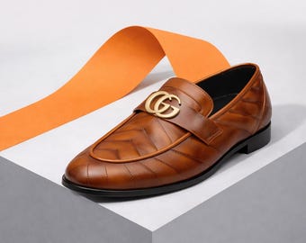 Handmade Men’s Brown Leather GG Loafers - Luxury Slip On Dress Shoes,  Italian Style Shoes