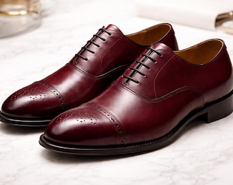 Men's Handmade Leather Burgundy Oxford Dress Shoes Cap Toe Formal Wedding Business Classic Shoes