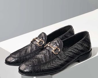Handmade Men’s Black Woven Leather Loafers Luxury Horsebit Slip-On Dress Shoes Elegant Formal