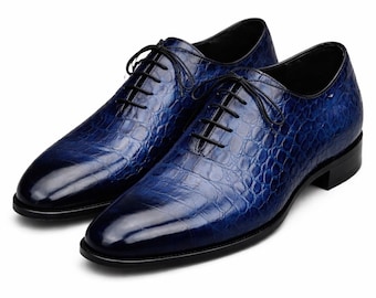 Handmade Luxury Blue Leather Oxford Shoes for Men – Crocodile Embossed