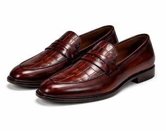 Handmade Men’s Brown Croc Embossed Leather Loafers Slip On Dress Penny Shoes
