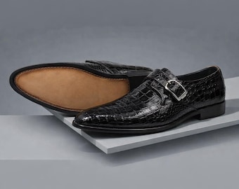 Handmade Alligator Embossed Monk Strap Shoes – Black Leather Dress Shoes