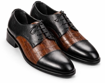Handmade Oxford Dress Shoes – Black & Brown Croc Embossed Leather