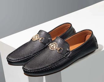 Handmade Style Formal Loafers - Men’s Black Leather Loafers – Luxury Horsebit Slip-On Shoes