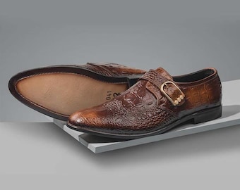 Luxury Handmade Woven Leather Monk Strap Shoes – Elegant Brown Men’s Dress Shoes