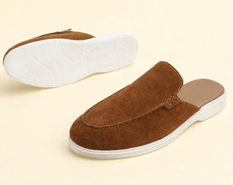 Men’s Handmade Brown Suede Slip On Mules Casual Backless Loafers Comfortable Summer Shoes