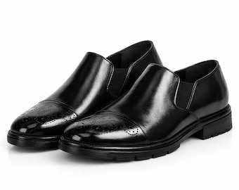 Men’s Handmade Black Leather Dress Shoes – Elegant Slip-On Formal Loafers – Classic Office & Wedding Shoes