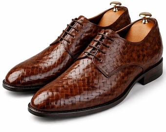 Handmade Woven Leather Oxford Shoes for Men – Elegant Brown Luxury Dress Footwear