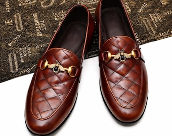 Men's Handmade Leather Loafers Luxury Brown Bee Horsebit Dress Shoes Formal Wedding Slip On
