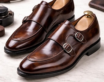 Handmade Brown Double Monk Strap Shoes for Men – Leather Dress Shoes