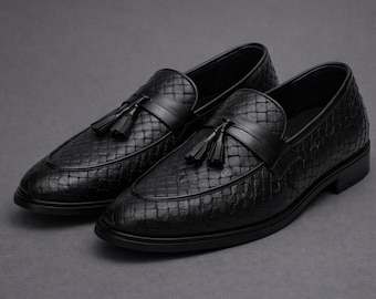Handmade Men’s Black Woven Leather Tassel Loafers SlipOn Formal Business Dress Shoes Classic