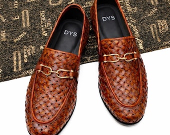 Handmade Men’s Brown Woven Leather Horsebit Loafers –  Luxury Slip On, Italian Formal Loafers