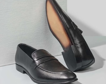 Handmade Black Leather Penny Loafers for Men | Classic Slip-On Dress Shoes