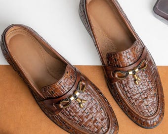 Handwoven Brown Leather Loafers – Gold Horsebit Detail Slip-On Shoes