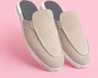 Men’s Handmade Beige Suede Slip On Mules Casual Backless Loafers Comfortable Summer Shoes