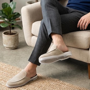 Men's Beige Suede Mules, Handmade Slip On Backless Loafers, Casual Streetwear Comfort