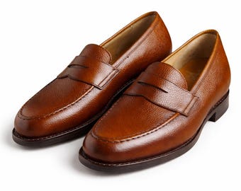 Handmade Tan Brown Leather Loafers for Men – Classic Penny Slip-Ons, Smart Casual & Formal Shoes