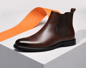 Handmade Men's Leather Chelsea Boots, Black Brown Slip-On Ankle Dress Shoes